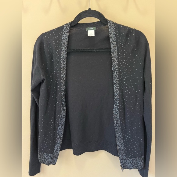 J. Crew Sequin Full Zip Cardigan Womens XS Extra Small Black Merino Wool - Picture 5 of 7